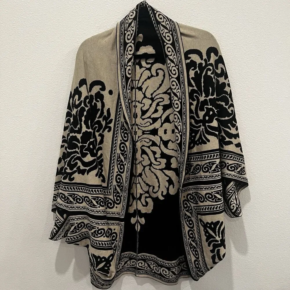 Soft Surroundings Shawl Poncho Cardigan One Size Brown Black Paisley Boho Fall - Picture 2 of 6